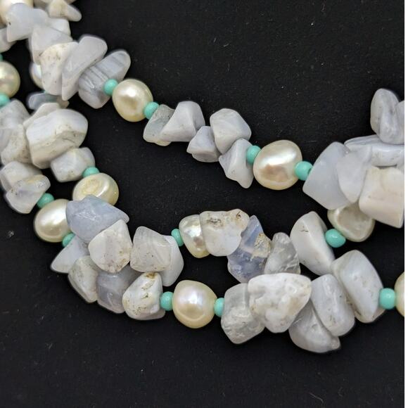 Light Blue Gemstone Freshwater Pearl Multi-Strand Necklace Sterling Silver 925 - Picture 5 of 10